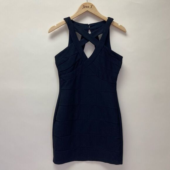 Crystal Doll Black Cutout Bodycon Mini Dress Size 5 Juniors Criss Cross Banded - Picture 1 of 8